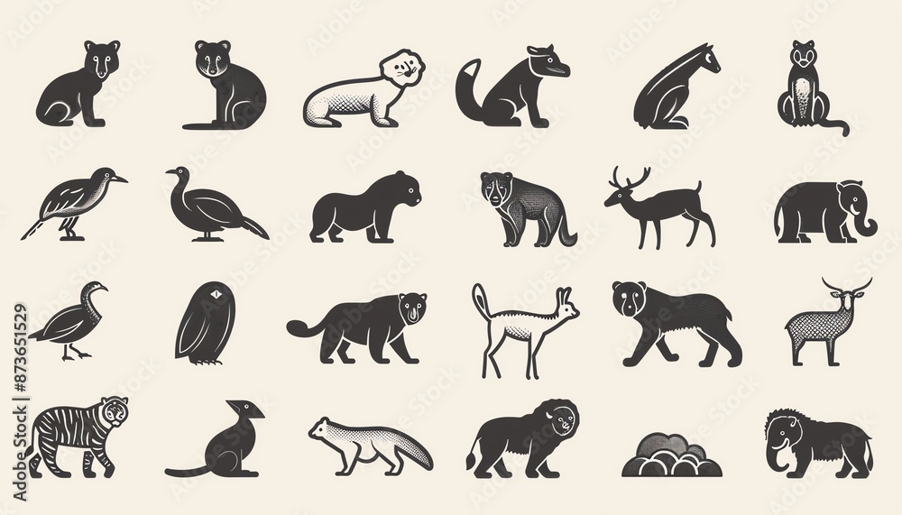 Fototapeta premium Set of animals icons, simple line art style, vector illustration, wildlife concept