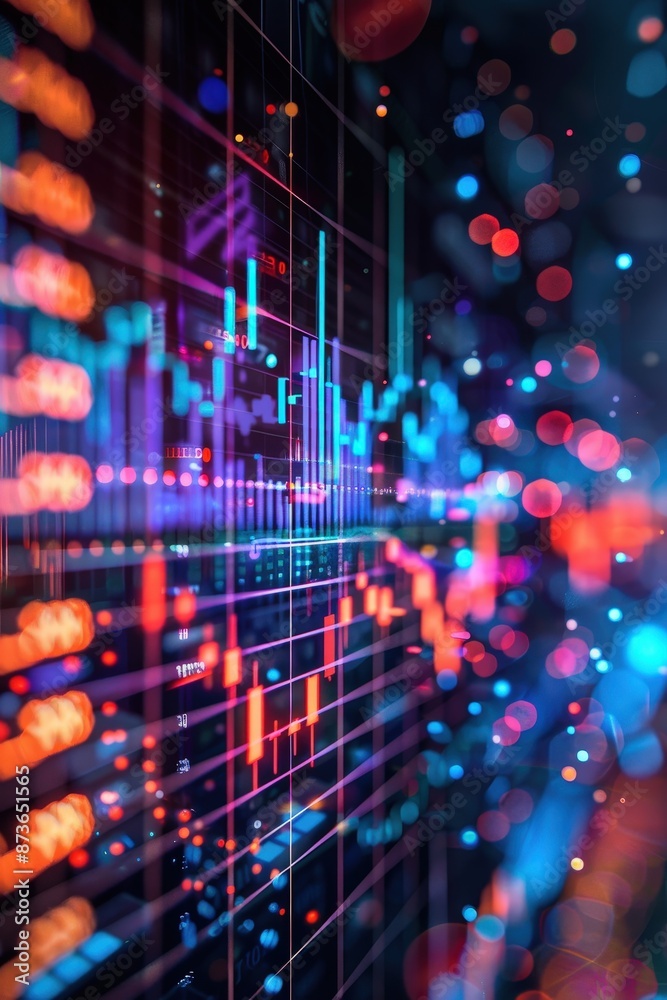 Colorful financial data visualization with abstract light effects, showcasing stock market graphs and digital analytics. Colorful financial data visualization with abstract light effects, showcasing stock market graphs and digital analytics.