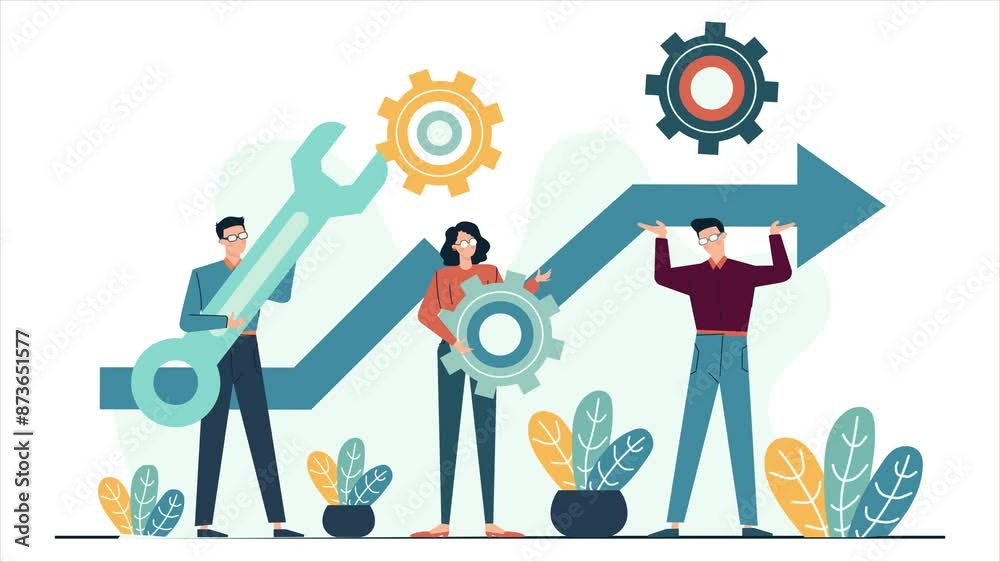 labor day illustration with people bring gearwheels and wrench business animated illustration video