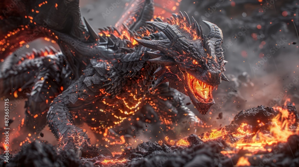 Naklejka premium Raging Elemental Dragon Unleashes Molten Lava Breath Amidst Volcanic Eruption Backdrop