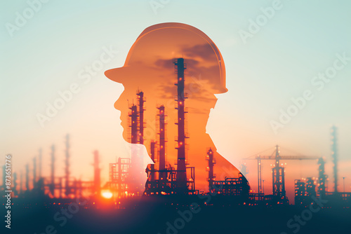 oil refinery at sunset close up, vibrant colors, Double exposure silhouette with leadership team photo