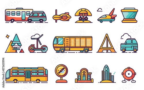 Transport icons pack, minimalist line art style, vector illustration, diverse modes of transportation photo