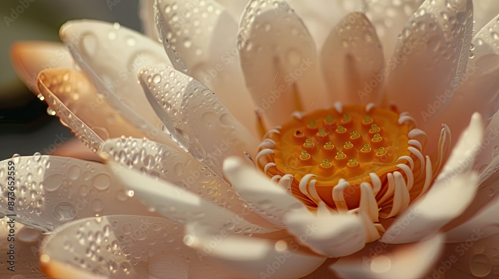 Fototapeta premium Radiant Lotus Flower with Delicate Petals and Water Droplets in Tranquil Pond Setting
