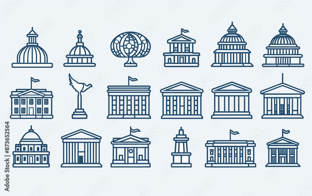Government icons collection, minimalist line art style, vector illustration, various governmental symbols Government icons collection, minimalist line art style, vector illustration, various governmental symbols
