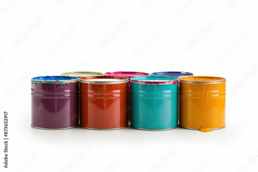 Row of vibrant paint cans with dripping paint isolated on a white background Row of vibrant paint cans with dripping paint isolated on a white background