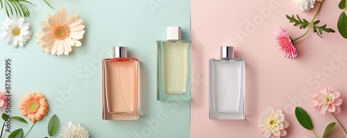 Elegant perfume bottles on a colorful background with exotic flowers, showcasing sophistication, copy space