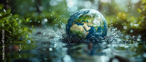 Design a beautiful image of Earth encircled by water and nature, promoting the concepts of water conservation and ecological preservation