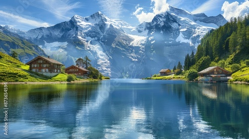 Captivating Alpine Landscape with Majestic Snow Capped Peaks and Serene Reflection Lake