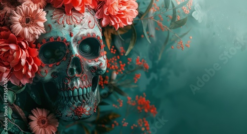 Decorated Skull Surrounded by Red Flowers on a Green Background