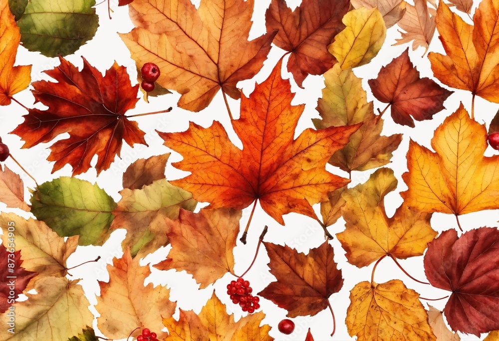 Composition of bright autumn leaves and berries, white background Composition of bright autumn leaves and berries, white background