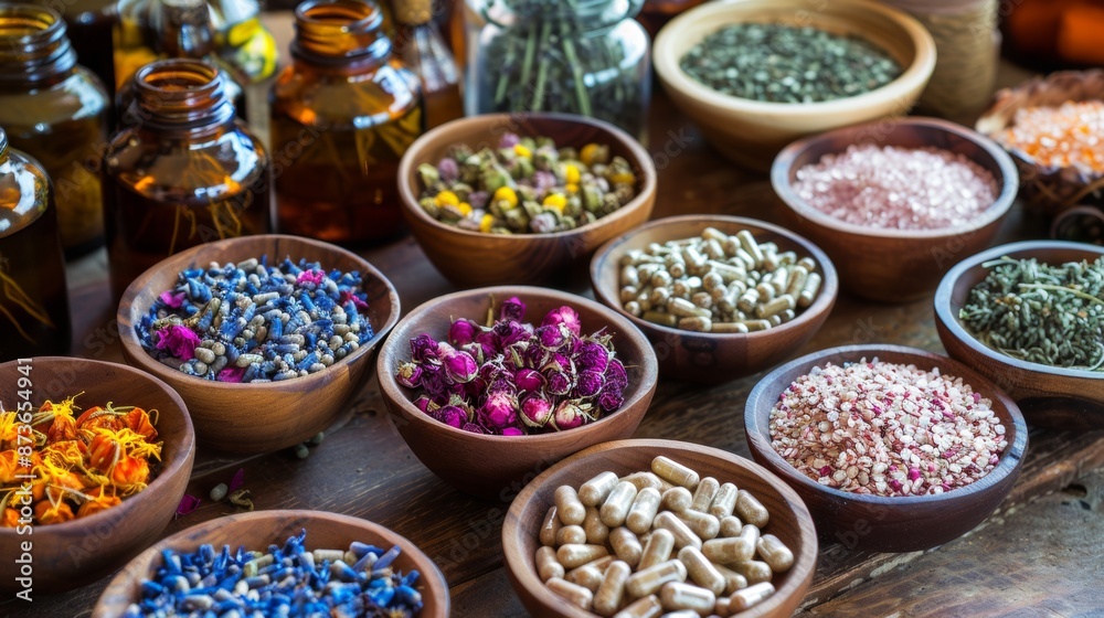 Variety of herbs and spices in wooden bowls Variety of herbs and spices in wooden bowls