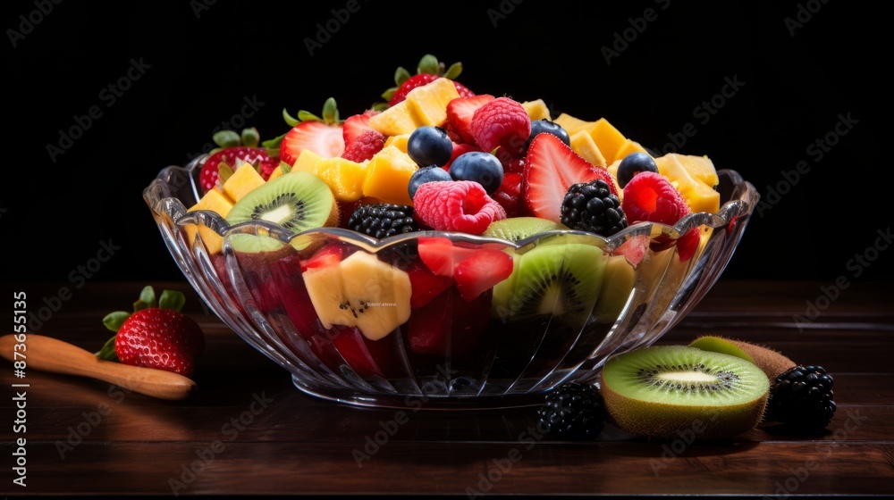 Colorful fresh fruit salad with mixed berries, melon, pineapple, and mint leaves in a white bowl on rustic wooden table, healthy summer snack with vibrant assorted fruits, refreshing and nutritious fo Colorful fresh fruit salad with mixed berries, melon, pineapple, and mint leaves in a white bowl on rustic wooden table, healthy summer snack with vibrant assorted fruits, refreshing and nutritious fo