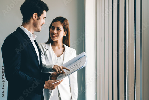 Photography Businessman executive is in meeting discussion with businesswoman or client in modern workplace office