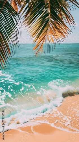 Tranquil tropical beach with golden palm fronds and smooth cyan waves, providing ample area for text, perfect for summer travel ads.