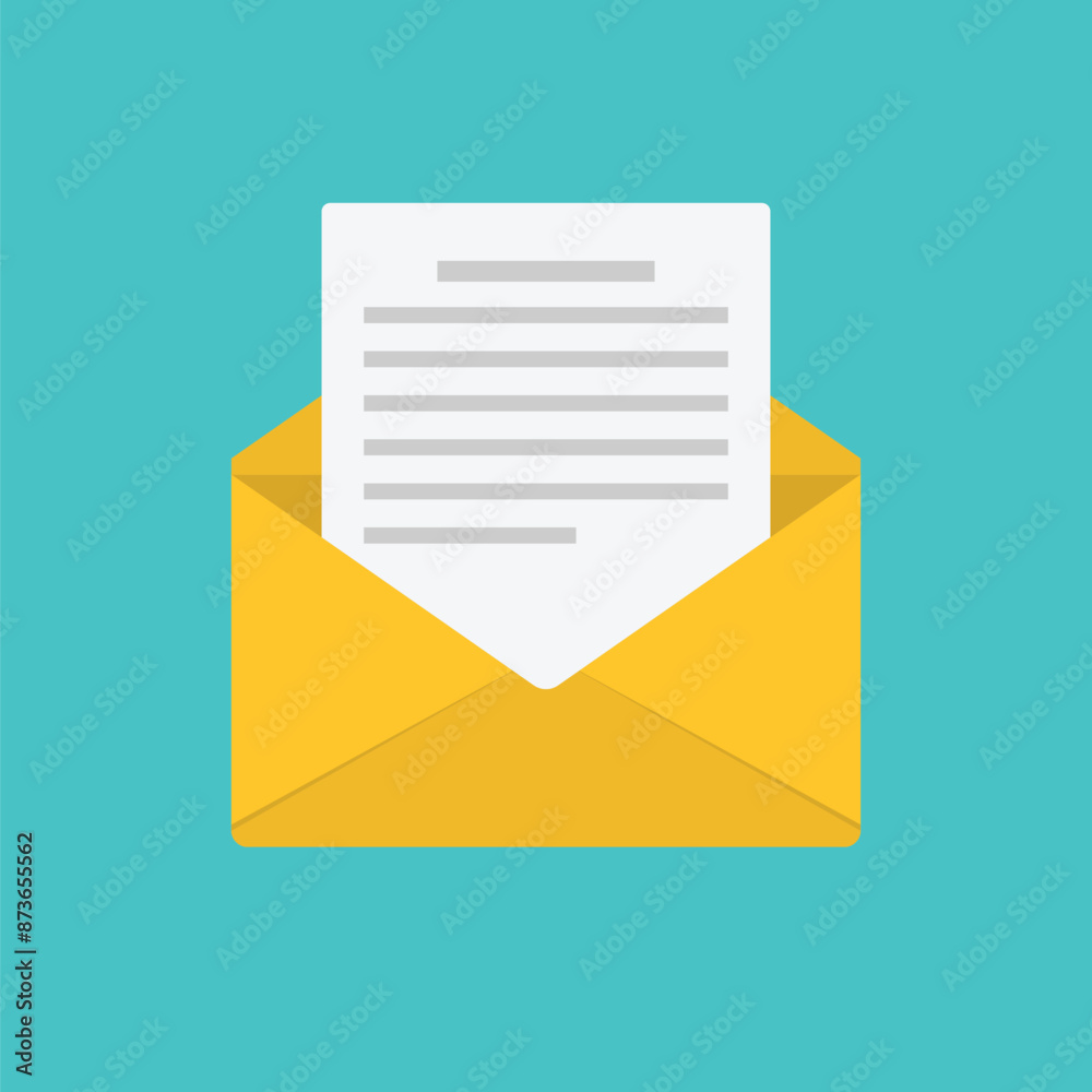 Yellow Envelope with a paper document flat icon design for use to your business website, vector EPS10 isolated on green background. Yellow Envelope with a paper document flat icon design for use to your business website, vector EPS10 isolated on green background.