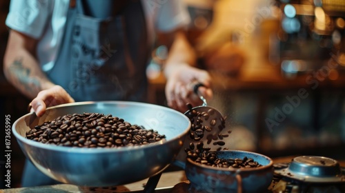 Barista handling coffee beans in a coffee shop