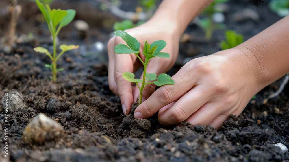 Hands planting a seedling into the ground Hands planting a seedling into the ground
