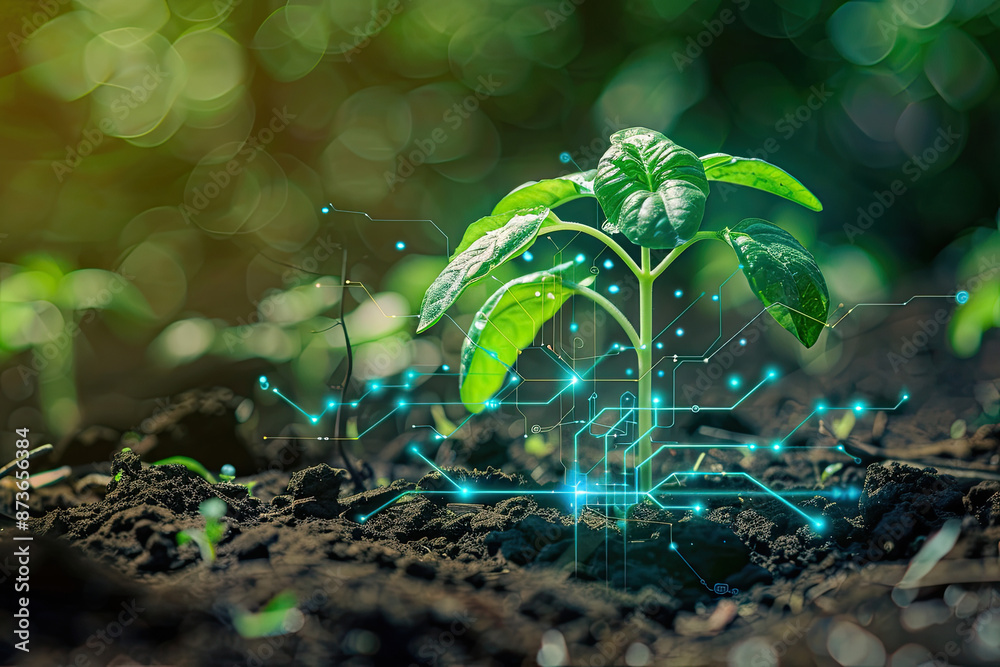 Young plant with cyber display of technological smart farmer Young plant with cyber display of technological smart farmer