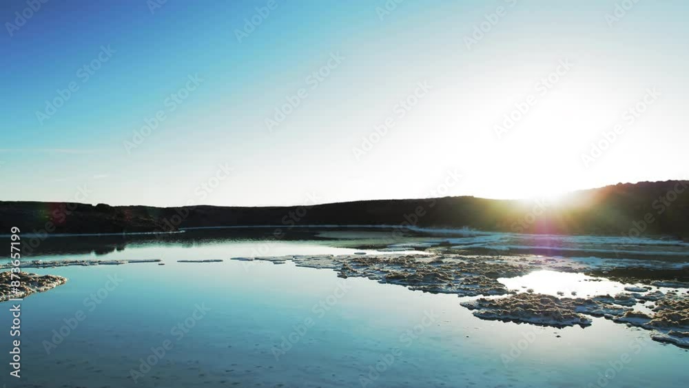 Aerial: Drone Forward Beautiful Shot Of Tranquil Salt Lake By Mountains Against Clear Sky - Atacama Desert, Chile Aerial: Drone Forward Beautiful Shot Of Tranquil Salt Lake By Mountains Against Clear Sky - Atacama Desert, Chile