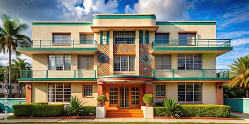 Art Deco house characterized by geometric patterns and vibrant colors , architecture, design, retro, building, colorful, vintage © Sujid