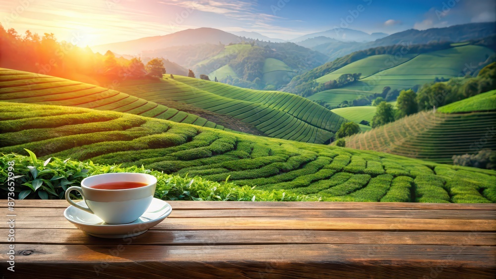 Tea cup on a wooden table with a view of a tea plantation, Tea, cup, wooden table, plantation, leaves, drink, hot Tea cup on a wooden table with a view of a tea plantation, Tea, cup, wooden table, plantation, leaves, drink, hot