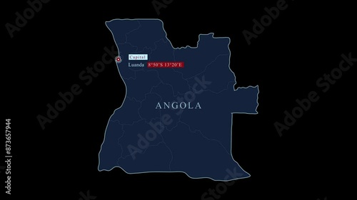 Angola blue map with Luanda capital city and geographic coordinates on black background. Motion graphic Vfx photo