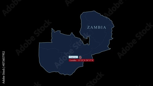 Zambia blue map with Lusaka capital city and geographic coordinates on black background. Motion graphic Vfx photo