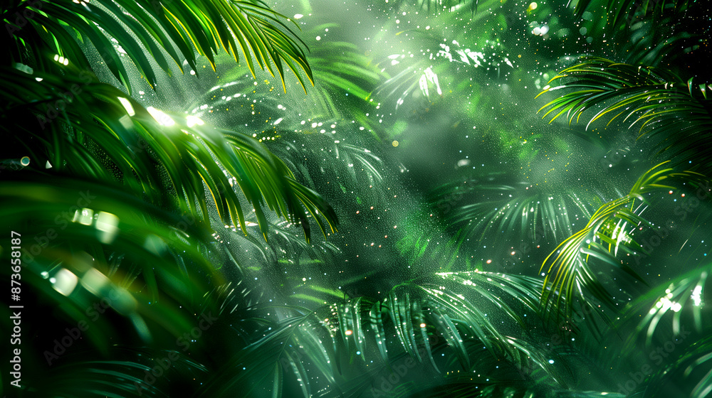 Obraz premium A lush green jungle with sunlight shining through the leaves. Concept of tranquility and serenity, as the natural beauty of the jungle is highlighted by the sunlight