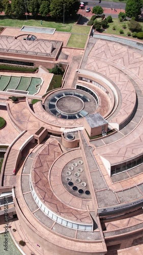 Vertical Drone Shot, Modern Architecture of Bogota, Colombia, Virgilio Barco Library Building in Simon Bolivar Park photo