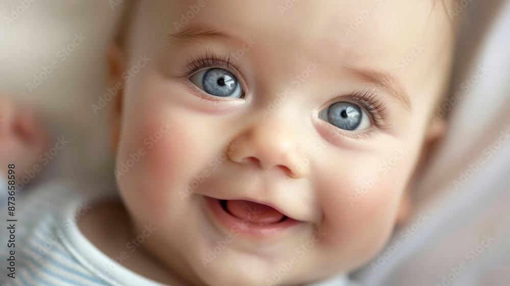 A closeup of a smiling babys face with big blue eyes and rosy cheeks A closeup of a smiling babys face with big blue eyes and rosy cheeks