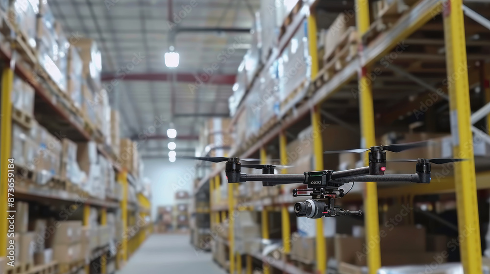 Naklejka premium A drone capturing aerial footage of a large warehouse facility, showcasing the scale and organization of the inventory