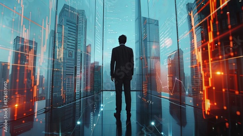 Businessperson Overlooking City Skyline with Digital Data Overlay in Modern Office Building