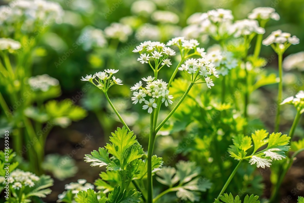 Fresh green coriander plants with lush leaves and delicate white flowers grow in a well-maintained vegetable garden, symbolizing health, food, and sustainable agriculture. Fresh green coriander plants with lush leaves and delicate white flowers grow in a well-maintained vegetable garden, symbolizing health, food, and sustainable agriculture.