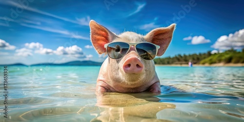 Pig wearing sunglasses sitting in the water at the beach , Pig, sunglasses, water, beach, animal, cool, summer, relaxation, vacation © Sujid