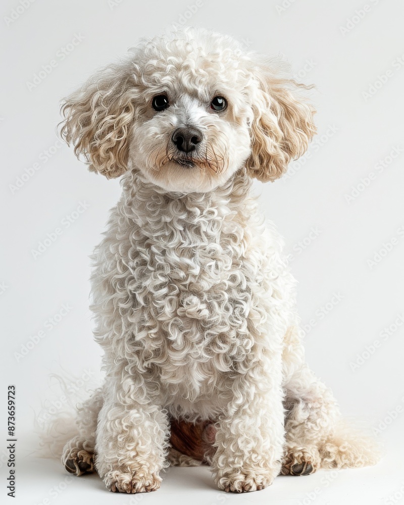 a Poodle with its curly, white coat a Poodle with its curly, white coat