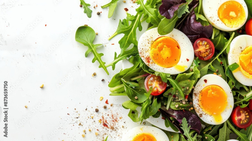 Boiled eggs sliced and arranged on a salad, mixed greens and cherry tomatoes, proteinpacked addition to a healthy meal, fresh and colorful, isolated on white background, copy space Boiled eggs sliced and arranged on a salad, mixed greens and cherry tomatoes, proteinpacked addition to a healthy meal, fresh and colorful, isolated on white background, copy space