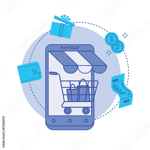 Shopping online on mobile phone. Online store and shopping cart display. 