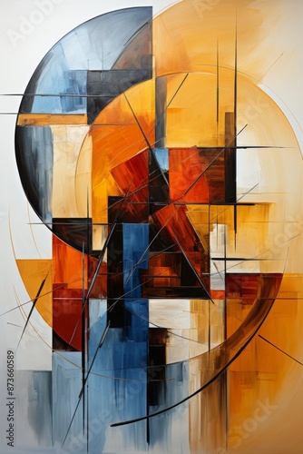 Abstract art print - cubic and geometric shapes and brush strokes in shades of orange and blue