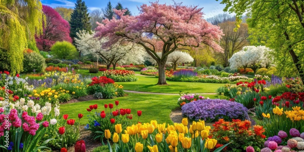 Fototapeta premium Lush spring garden with a variety of colorful flowers and flowering trees, spring, garden, colorful, flowers, flowering, trees