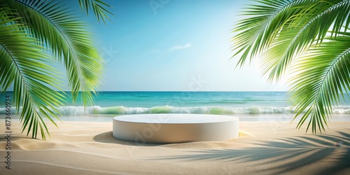 render of a minimal display podium featuring a summer beach scene © Sujid