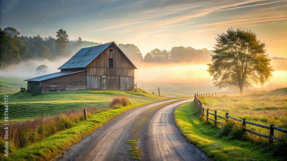 Misty rural landscape with a winding dirt road and old barn, foggy, countryside, farm, rural, scenic, tranquil, atmospheric, peaceful