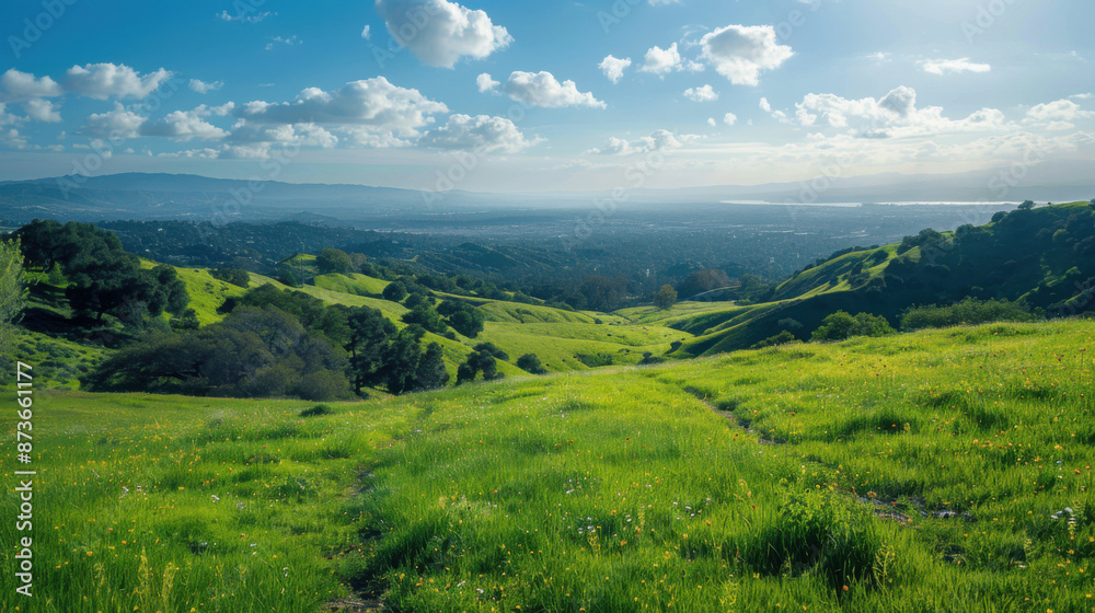 Lush green hills stretch out towards a distant valley, under a sky filled with fluffy white clouds. Lush green hills stretch out towards a distant valley, under a sky filled with fluffy white clouds.