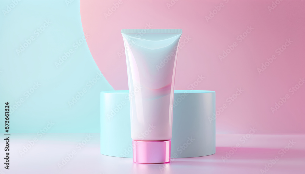 Minimalist pastel cosmetic tube with pink cap on two-tone pastel background. Perfect for skincare or beauty product presentations. Minimalist pastel cosmetic tube with pink cap on two-tone pastel background. Perfect for skincare or beauty product presentations.