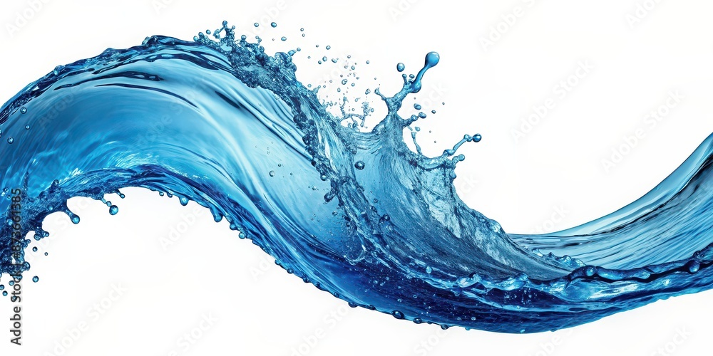 Curved blue wave and splashing water on a white background, blue, wave, water, curve, splash, ocean, sea, aqua, marine Curved blue wave and splashing water on a white background, blue, wave, water, curve, splash, ocean, sea, aqua, marine