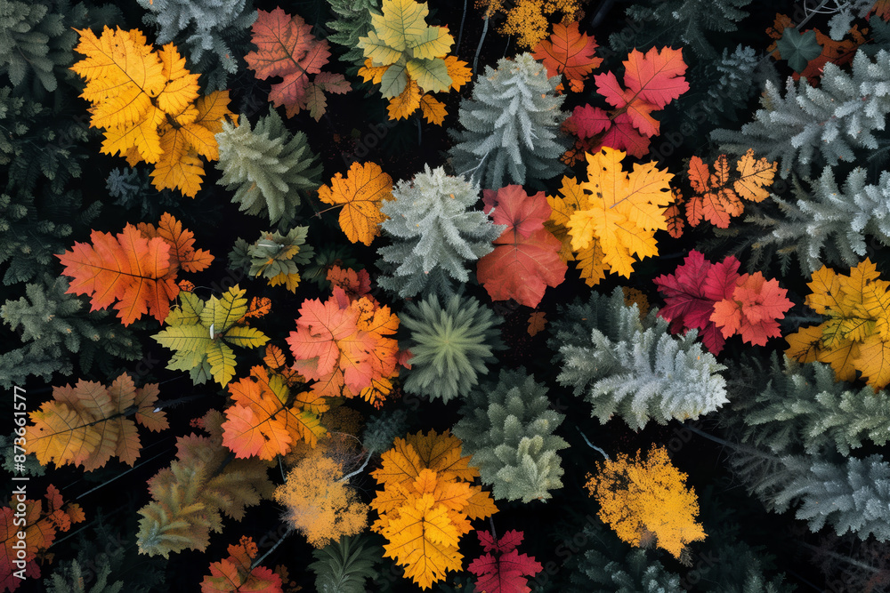Top view of various autumn leaves in vibrant colors, showcasing the beauty of fall season and nature's colorful transformation.
