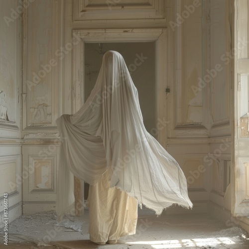 Phantom figure draped in tattered white cloth floating through an abandoned mansion, eerie and ghostly, isolated on white background, copy space