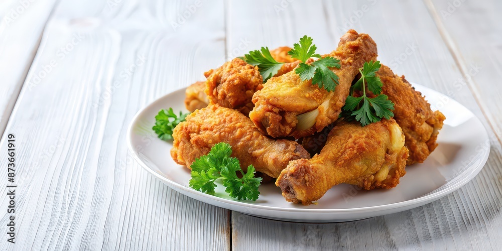 Crispy fried chicken legs garnished with fresh parsley on a white plate , Fried chicken, Legs, Crispy, Delicious, Golden brown, Fried Crispy fried chicken legs garnished with fresh parsley on a white plate , Fried chicken, Legs, Crispy, Delicious, Golden brown, Fried