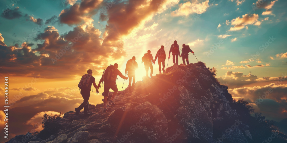 Fototapeta premium A group of hikers climbs a mountain at sunrise, showcasing teamwork, adventure, and the beauty of nature.