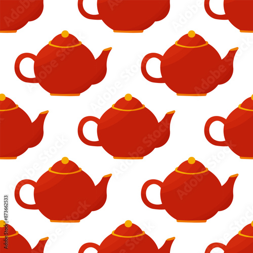 Vector illustration of a red Chinese teapot for traditional tea drinking . Isolated on a white background , hand drawn . Kitchenware for drinks . pattern background wallpaper