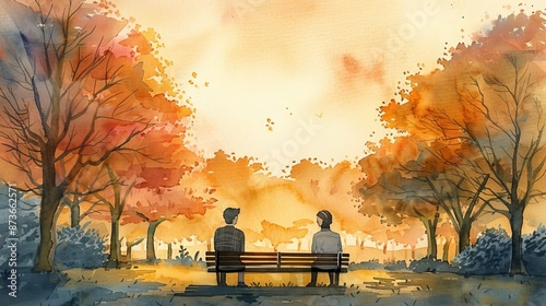 A couples first date at a cozy park, golden hour lighting, serene and hopeful, watercolor